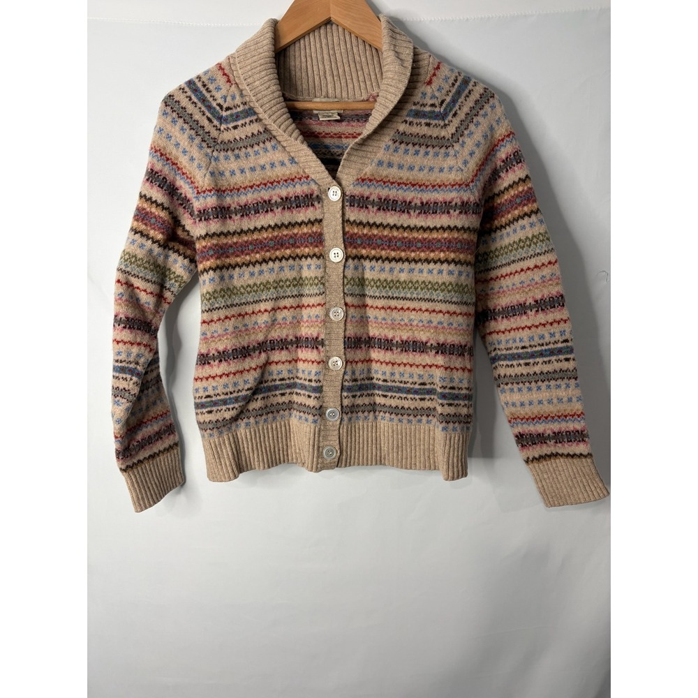 LL Bean Fair Isle Cardigan Sweater Womens L (actual S/M) Lambswool Shawl Collar